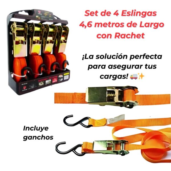 ESLINGA CINTA DE AMARRE 4 PCS CON RATCHET 4.6M - Imagen 3